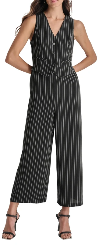 DKNY Women's Sleeveless Vest Jumpsuit Dress, Black/Ivory, 16