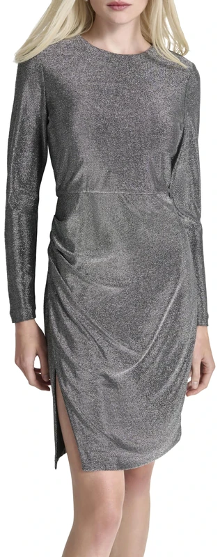 DKNY Women's Long Sleeve Jewel Neck Ruche Dress, Black/Silver, Size 32, Black/Silver, 6