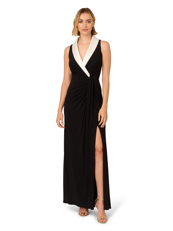 Adrianna Papell Women's Shawl Collar Jersey Gown Special Occasion Dress, Black/Ivory, 16