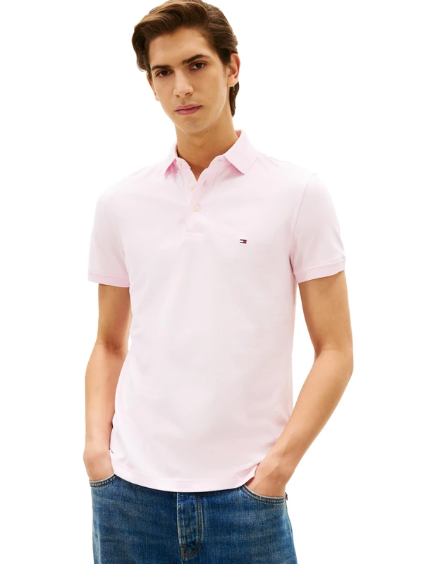 Tommy Hilfiger Men's Short Sleeve Polo Shirts in Slim Fit with Stretch and Organic Pique Cotton, Light Pink, XXL