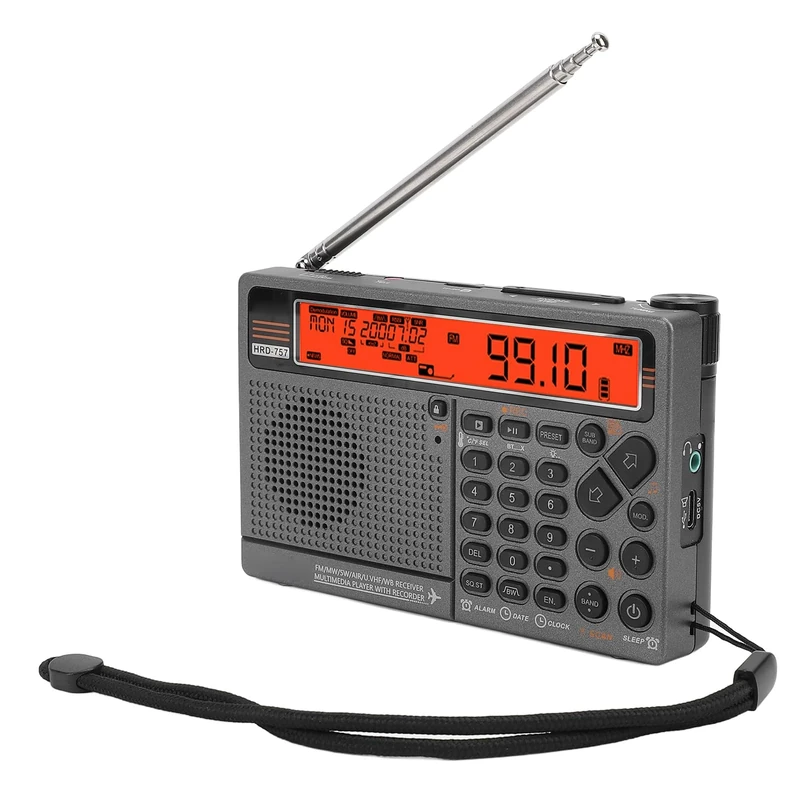 HRD-757 Portable Shortwave Radio, Multi Band SW FM MW AIR V.UHF WB Battery Powered, 2500mAh Rechargeable Handheld With Bluetooth, SOS Alarm and Flashlight (Orange)