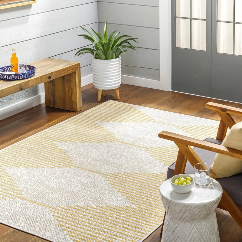 Livabliss Sevilla Indoor Outdoor Rug - Large Boho Rugs for Living Room 160x230 cm Dining, Kitchen Carpet, Patterned Neutral and Coloured Rugs, Waterproof, Stain Durable - Mustard, Ivory
