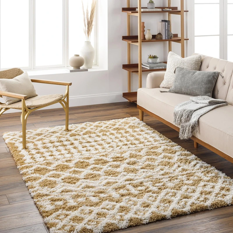 Livabliss Dubai Shaggy Rug - Modern Berber Rugs Living Room, Large 130x170 cm, Soft Shaggy Rugs for Bedroom - Neutral Boho Fluffy Rug, Easy Care Plush Thick Pile - Camel and Ivory
