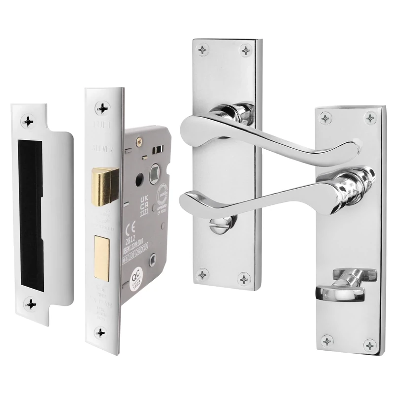 EAI Polished Chrome Victorian Scroll Bathroom Door Handle Set | 1 Pair of Internal Lever Handles on Backplate with Lock (64mm)