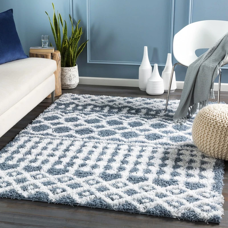 Livabliss Dubai Shaggy Rug - Modern Berber Rugs Living Room, Large 130x170 cm, Soft Shaggy Rugs for Bedroom - Neutral Boho Fluffy Rug, Easy Care Plush Thick Pile - Dark Blue and White