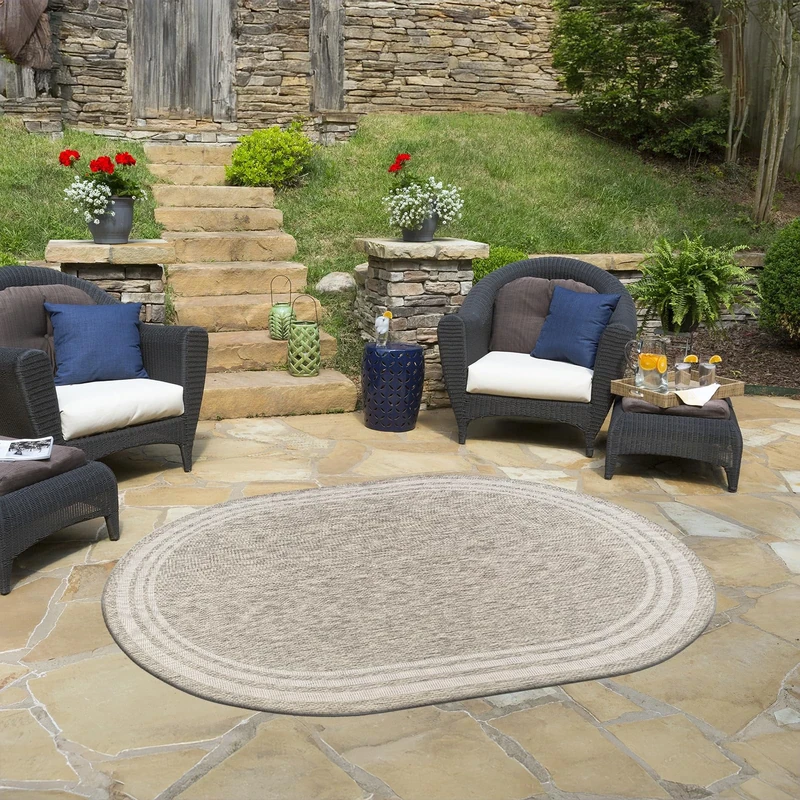 Livabliss Geometric Outdoor Rug - Indoor Outdoor Rug, Colos 160x220 cm Oval- Patio Rugs, Decking, Outdoor Carpet - Boho Colourful Garden Rugs, Patterned, UV Weather, Stain Durable, Grey, Beige,Taupe