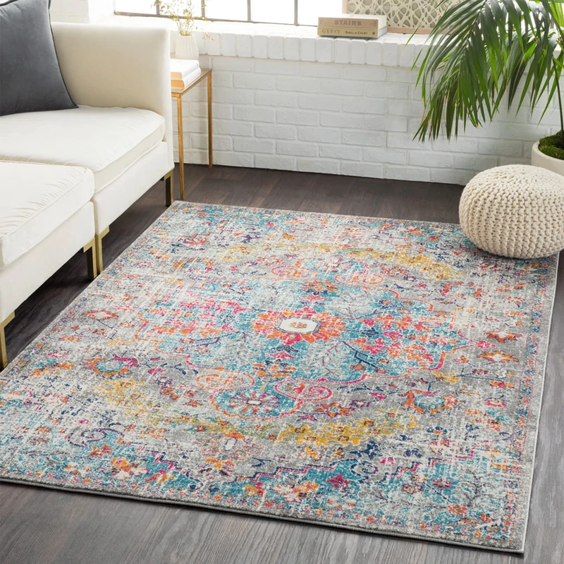 Livabliss Asmara Vintage Rug - Area Rugs for Living Room 160 cm, Bedroom - Scandi Neutral Rugs, Traditional Patterned Boho Style, Natural Easy Care Pile - Large Rug, Grey and Orange