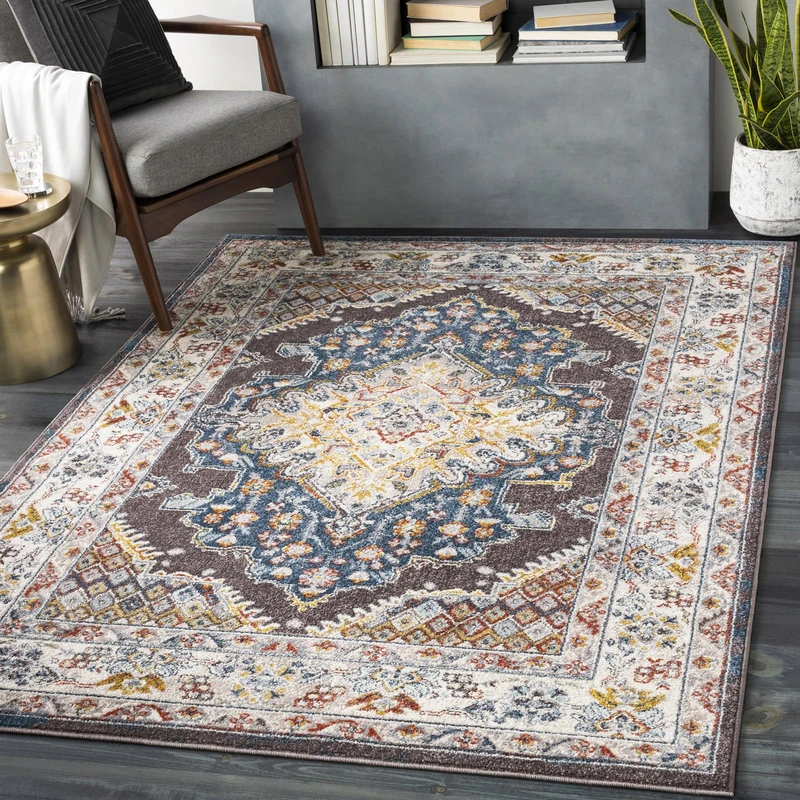 Livabliss Casablanca Vintage Rug for Living Room, Dining & Kitchen 140x200 cm, Traditional Boho Design, Multicoloured Brown, Blue, Mustard, Rust, Easy Care Pile, Large Floor Covering - Image 1