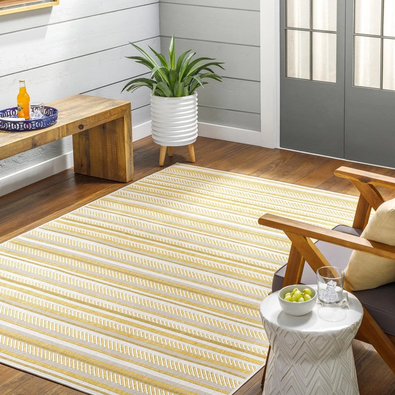 Livabliss Ibiza Indoor Outdoor Rug - Large Boho Rugs for Living Room 130x180 cm Dining, Kitchen Carpet, Patterned Neutral and Coloured Rugs, Waterproof, Stain Durable - Mustard and Ivory