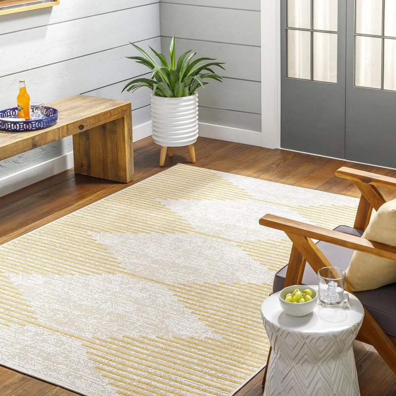 Livabliss Sevilla Indoor Outdoor Rug - Large Boho Rugs for Living Room 130x180 cm Dining, Kitchen Carpet, Patterned Neutral and Coloured Rugs, Waterproof, Stain Durable - Mustard, Ivory