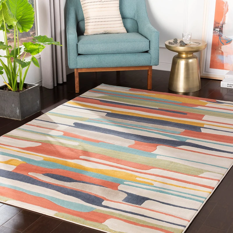 Livabliss Atlanta Geometric Rug - Scandi Area Rugs Living Room 200x275 cm, Dining, Kitchen - Neutral, Abstract Patterned Rugs, Boho Style, Easy Care Pile - Large Rug, Orange, Blue, Beige