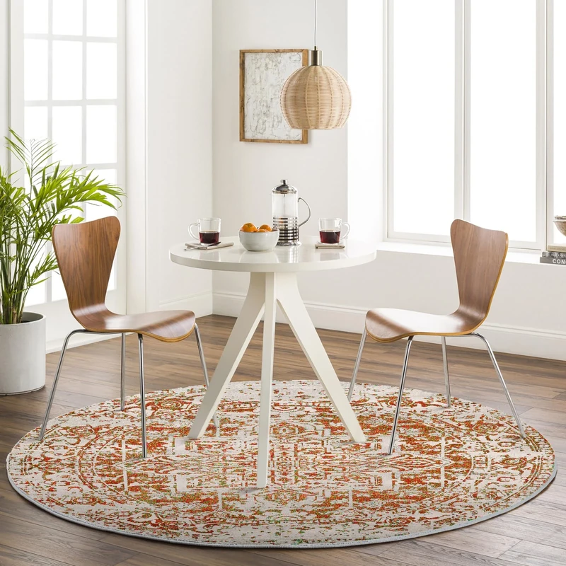 Livabliss Syracusa Vintage – Round Area Carpet 160 cm for Living Room, Dining, Kitchen – Traditional Multicolour Boho Style, Easy Care Pile, Large Bohemian Carpet in Burnt Orange, Beige and Pink