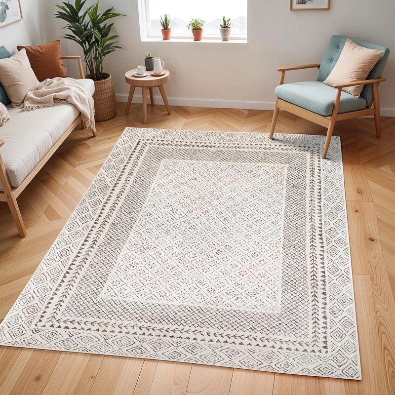 Livabliss Monaco Geometric Rug - Scandi Area Rugs Living Room 140x200 cm, Dining, Kitchen - Neutral, Abstract Patterned Rugs, Boho Style, Easy Care Pile - Large Rug, Beige, Charcoal Grey