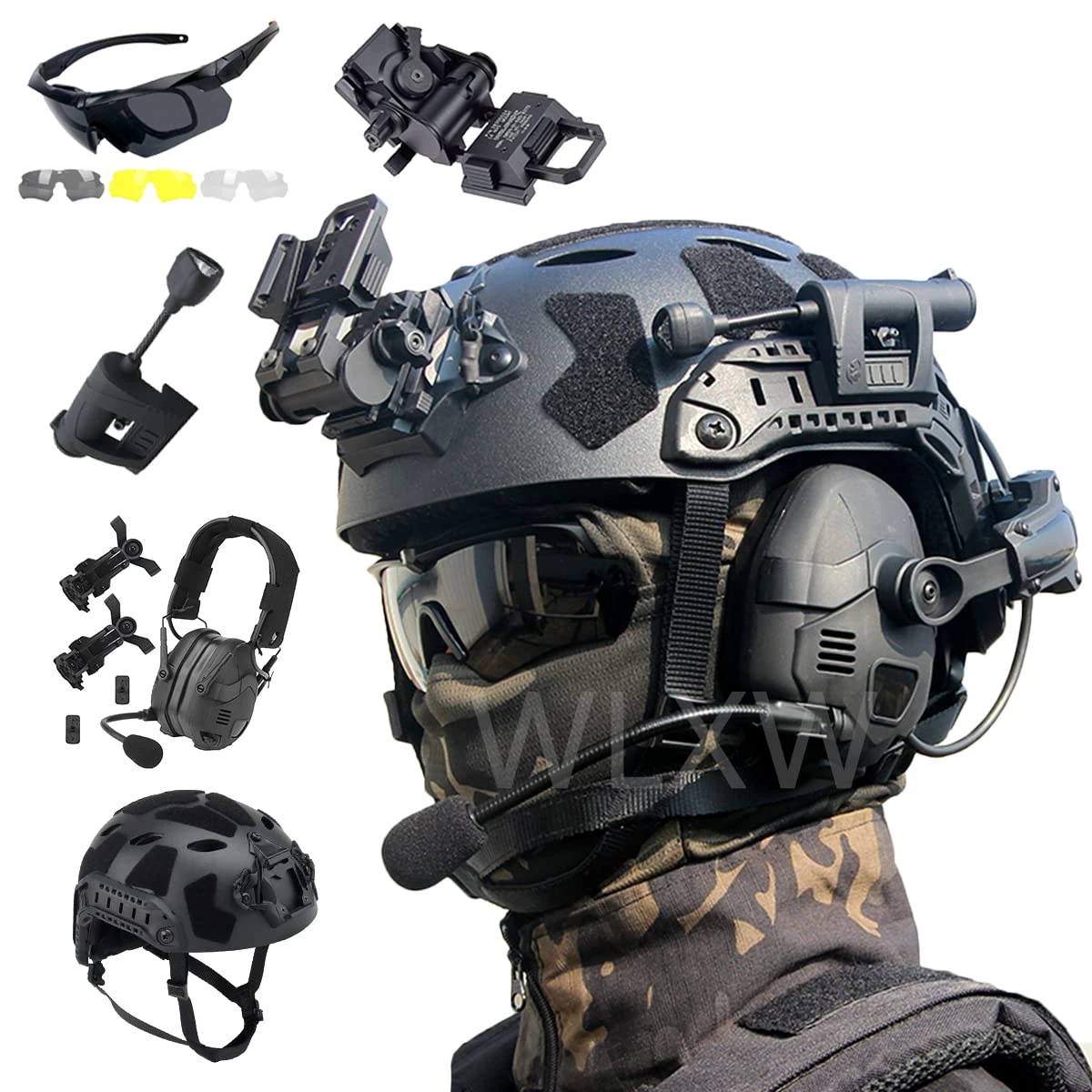 ANSNOW Fast High Cut Helmet Set, with Headset, Airsoft Goggles, Pvs31Model, L4G24Mount, Helmet Signal Light, Helmet Lamp, Battery Pouch, for Paintball Wargame/Bk3
