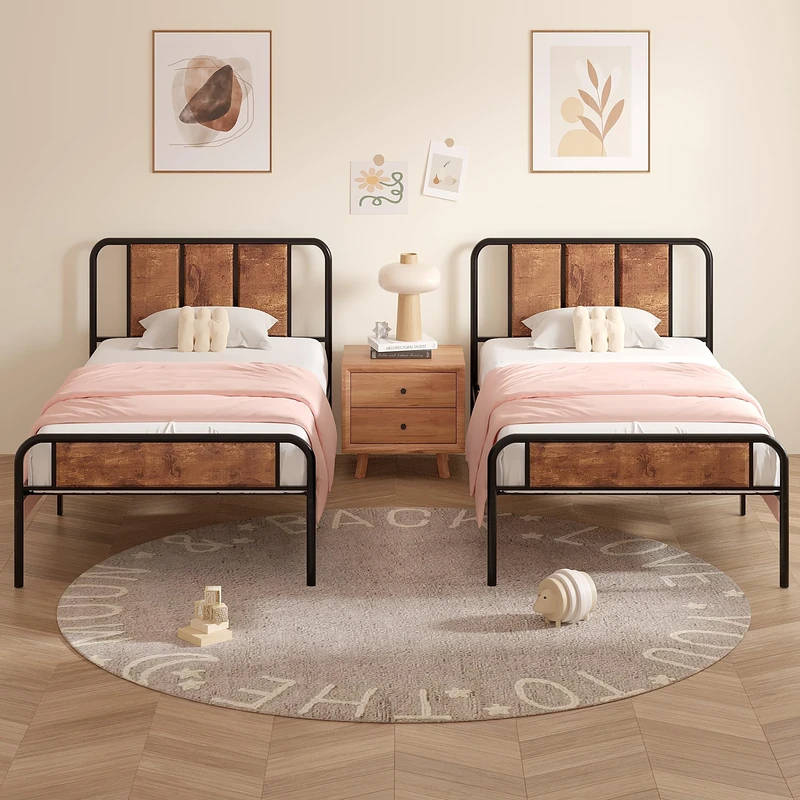 VECELO Single Bed Frame Set of 2 with Wooden Design Headboard and Footboard & Underbed Storage, No Box Spring Needed, Easy Assemble
