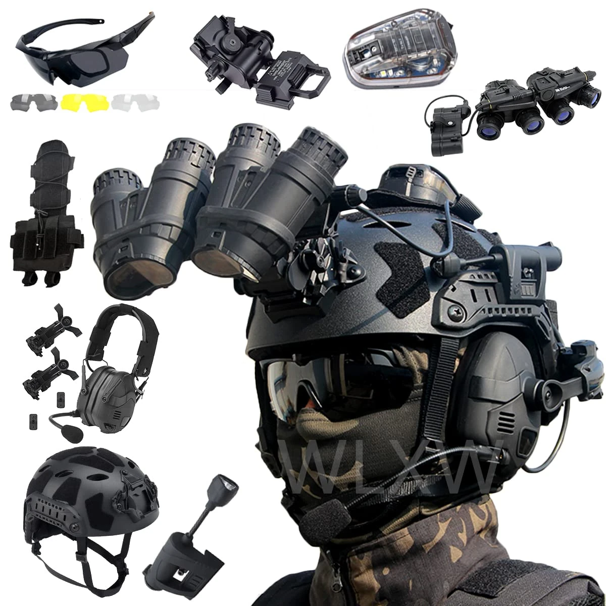 ANSNOW Fast High Cut Helmet Set, with Headset, Airsoft Goggles, Pvs31Model, L4G24Mount, Helmet Signal Light, Helmet Lamp, Battery Pouch, for Paintball Wargame/Bk6