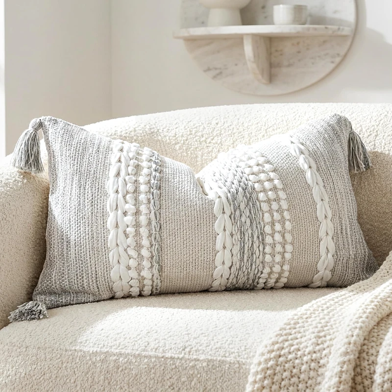 BlissBlush Gray Decorative Lumbar Pillow Cover 14x24, Boho Accent Throw Pillow Case for Couch Sofa Bed, Modern Farmhouse Textured Lumbar Cushion Bedroom Living Room, Cover ONLY