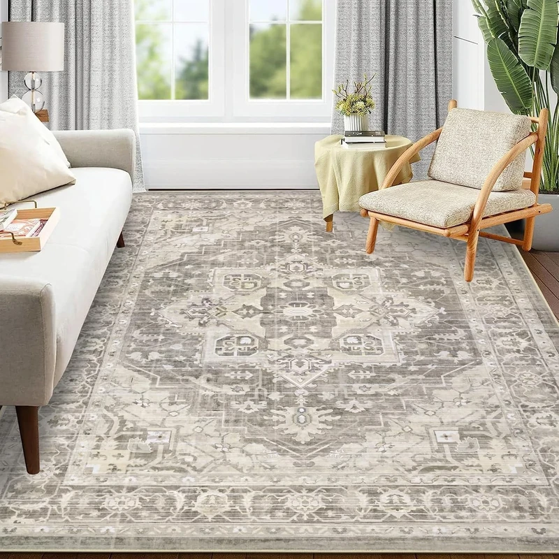 SHACOS Washable Area Rug, Large Boho Living Room Area Rugs, Soft Vintage Bedroom Rug Carpet, Non Slip Low-Pile Distressed Accent Rug for Dining Room Entryway Dorm, Natural Brown Sage, 200 x 280 cm