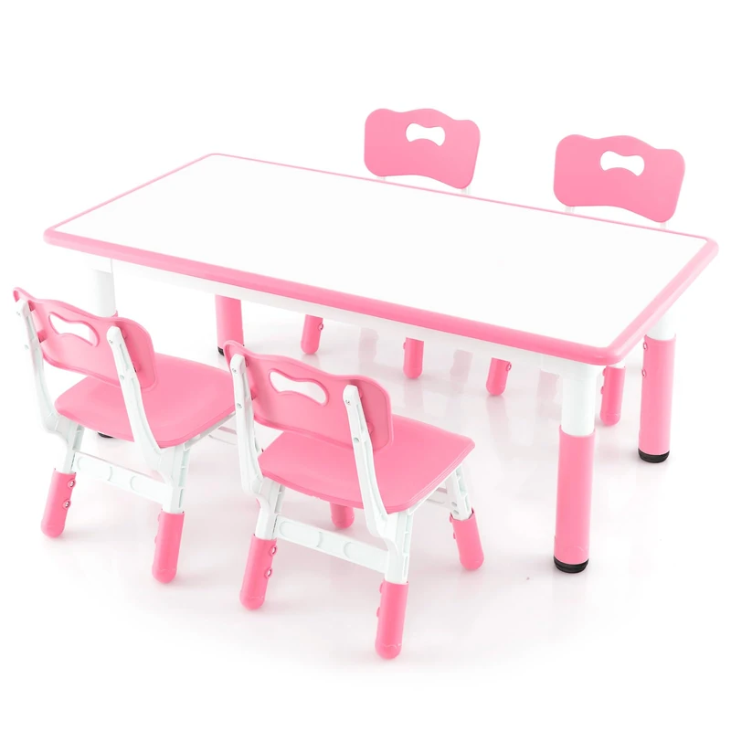 GYMAX Kids Table and Chairs Set, Height Adjustable Children Table with 4 Chairs & Graffiti Desktop, 5 Pieces Toddler Activity Desk Set for 3-6 Years Old (Pink) - Image 1