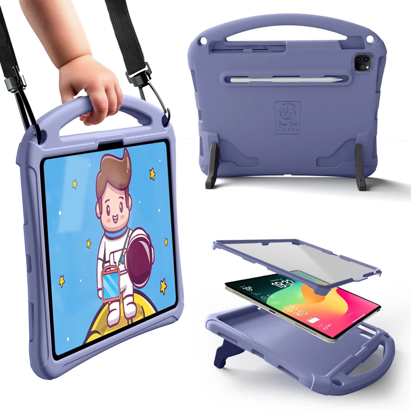 Bam Bino Space Suit Rugged Kids Case for Apple iPad Pro 13 M4, iPad Air 13 M2/M3 (2024/2025) Case for Kids with Built-in Screen Protector, Handle, Stand, Pencil Holder, Shoulder Strap (Violet)