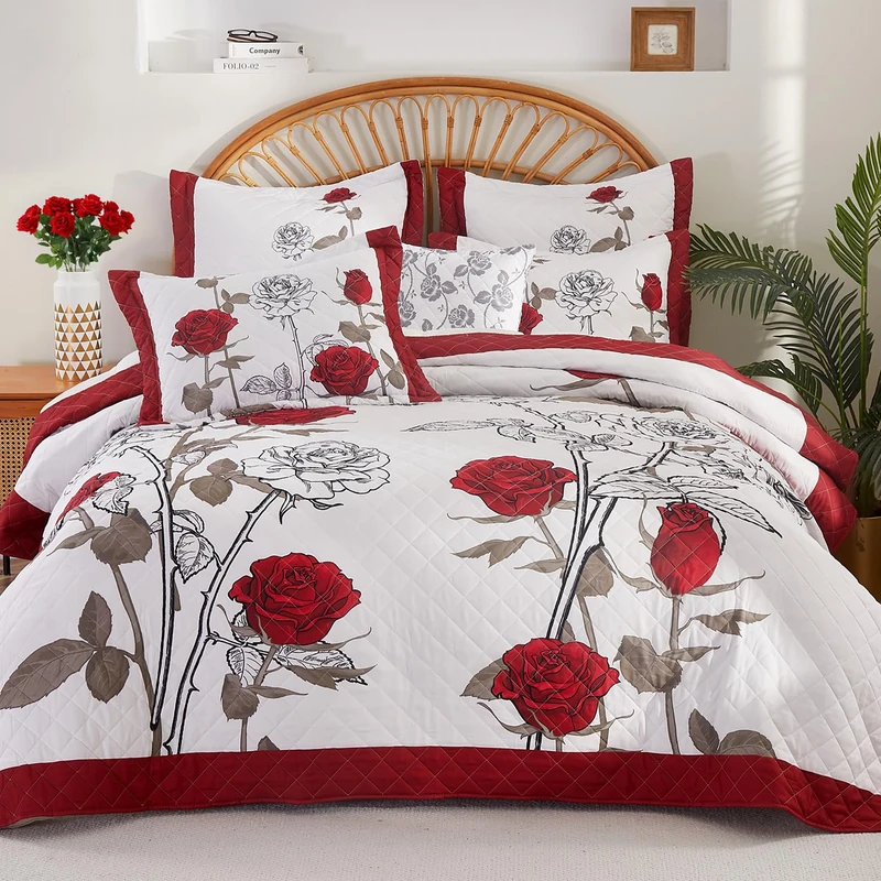 EVENHUG Quilt King Size Red Rose Bedding Set Floral Bedspread Lightweight Reversible Bed Cover with 2 Pillow Shams for All Seasons 3 Pieces (106"X96")