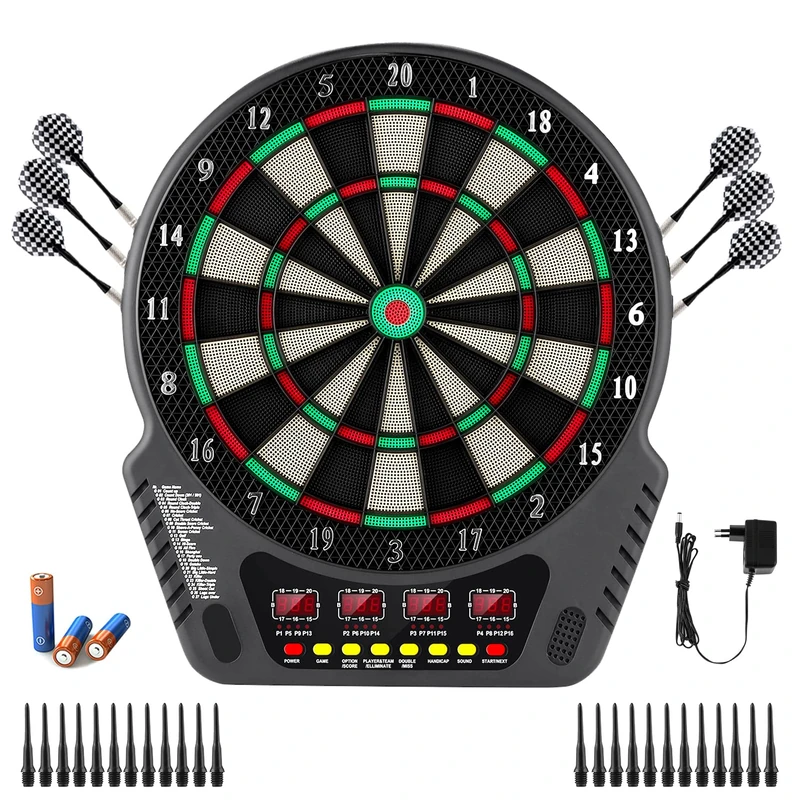 Electronic Dartboard, FB-32 Professional Electronic Dart Game with 4 LCD Display and 6 Darts and 24 Arrow Heads, 27 Games with 243 Game Options, E-Dartboards for 16 Players