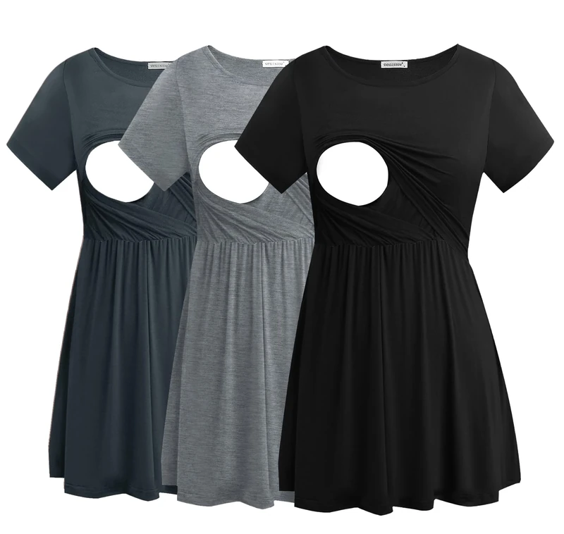 Smallshow Women's Maternity Nursing Tops Short Sleeve Breastfeeding Clothes 3 Pack,Black-Dark Grey-Light Grey,L