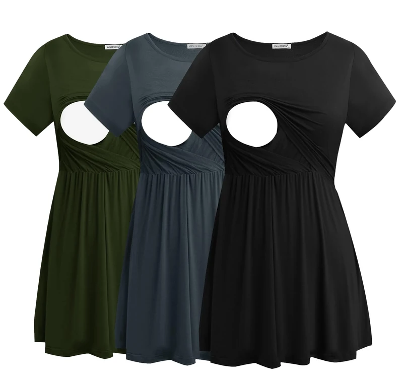Smallshow Women's Maternity Nursing Tops Short Sleeve Breastfeeding Clothes 3 Pack,Army Green-Black-Dark Grey,L