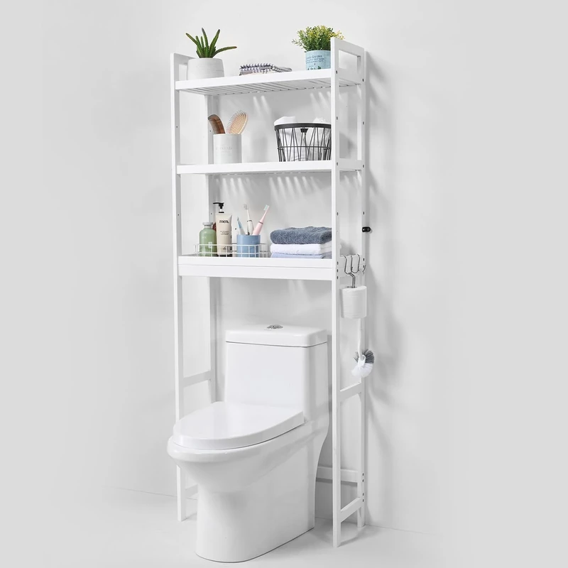 VEVOR Over the Toilet Storage, 3-Tier Adjustable Over Toilet Bathroom Organizer, Bamboo Storage Shelf Rack with 3 Hooks, Freestanding Easy Assembly Laundry Space Saver, Fit Most Toilets, White