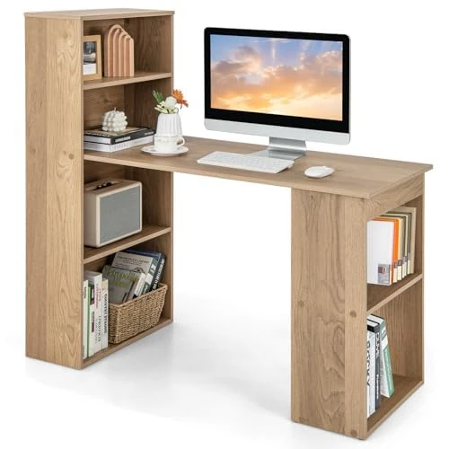 FANTASK Computer Desk, Office Table, PC Table, Computer Desk, Study Table with Bookcase, Shelf, Wood, White, 120 cm, Home Office, Modern Combination, Natural, 122 x 56 x 122 cm - Image 1
