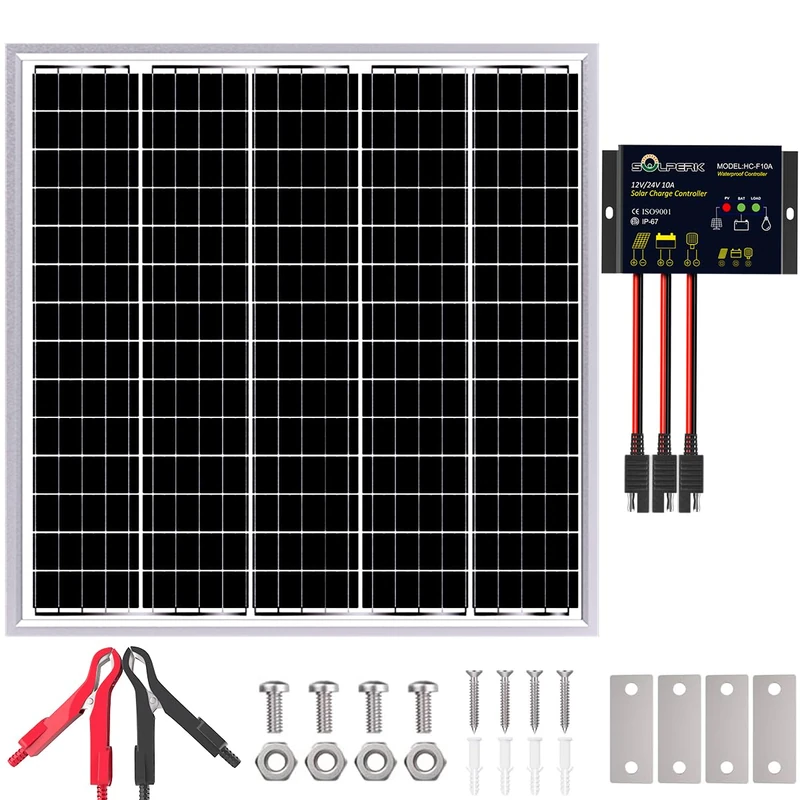 SOLPERK Solar Panel Kit 50W 24V, Intelligent Waterproof 10A PWM Controller, Home Outdoor Solar Battery Charger for RV Car Boat Marine Tractor Camping, 24 Volt Batteries Solar Panel Charger