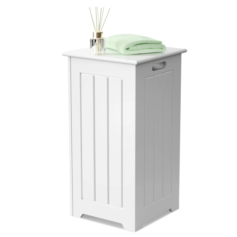 FANTASK Freestanding Storage Cabinet Bathroom Cabinet White Laundry Basket Lid Laundry Chest Laundry Basket Wood Material 30 x 30 x 61 cm (L x W x H) - Image 1
