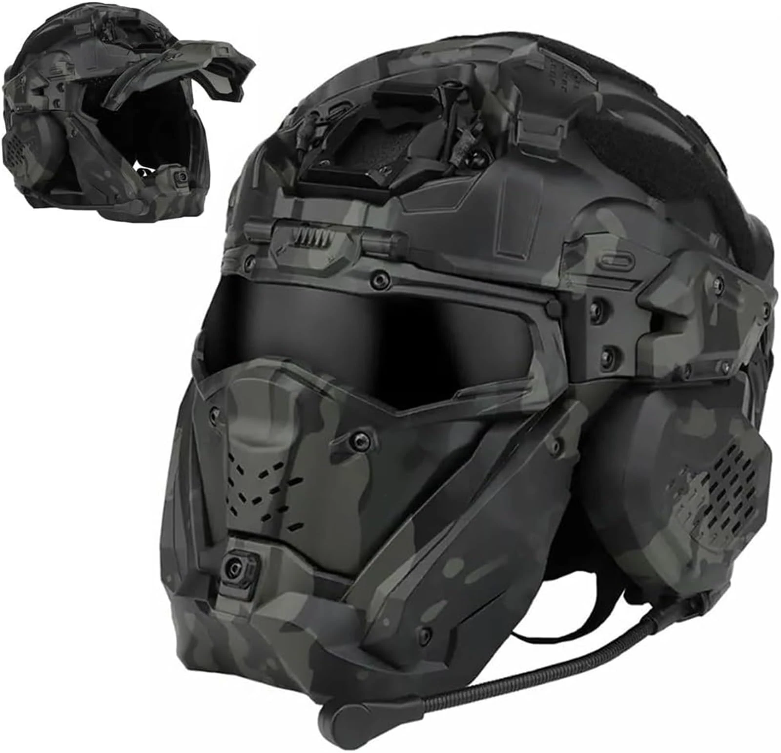 Multifunctional Tactical Helmet With Mask For Paintball Shooting Hunting Gear, Full Face Helmet Built-in Headset And Anti-Fog Fan Airsoft Helmet With Replaceable Goggles(A)