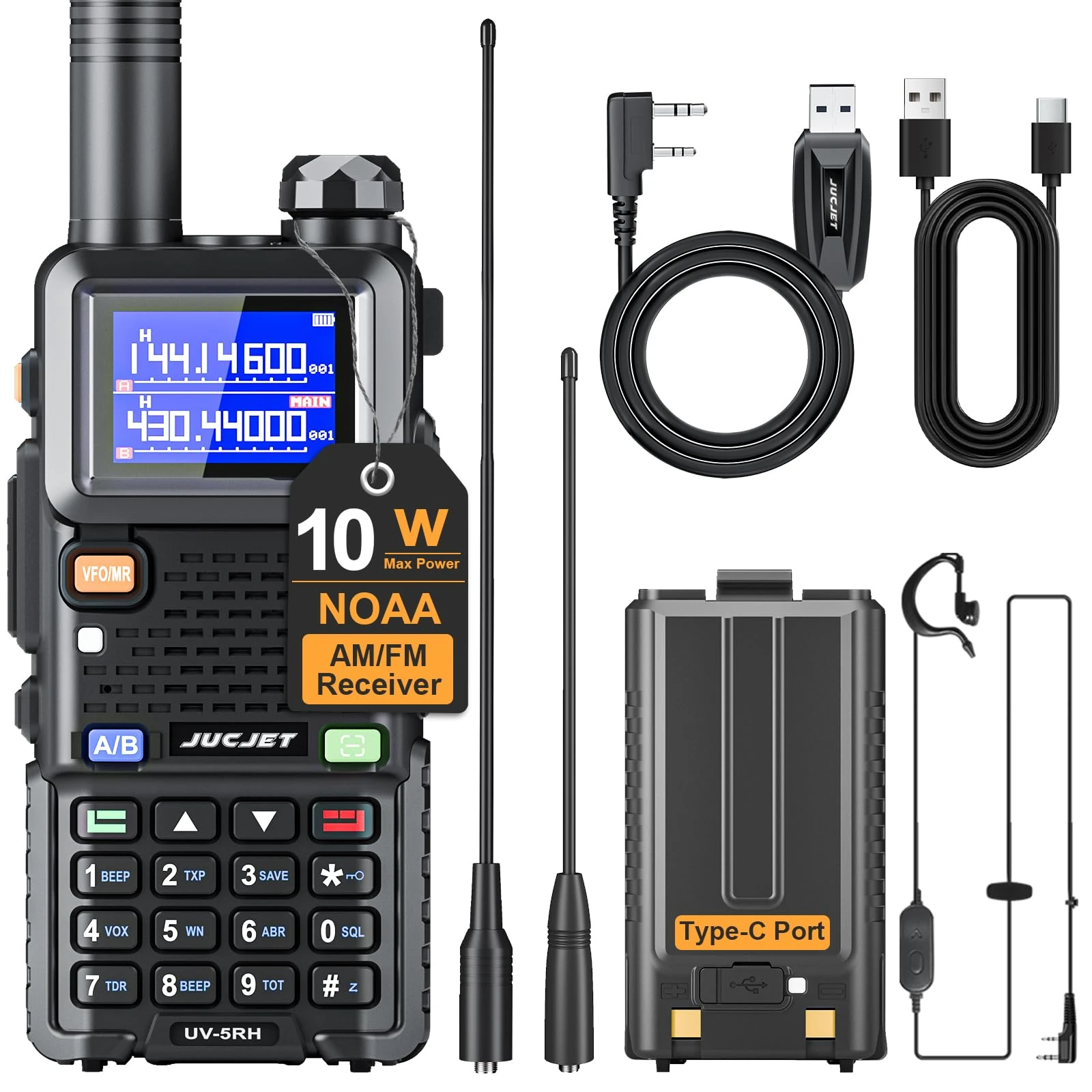 JUCJET UV-5RH performance walkie-talkie, One Key Frequency Match,999CH, 2500mAh Type-c Rechargeable Long Range Walkie Talkies(Upgrade of UV-5R,1 piece)