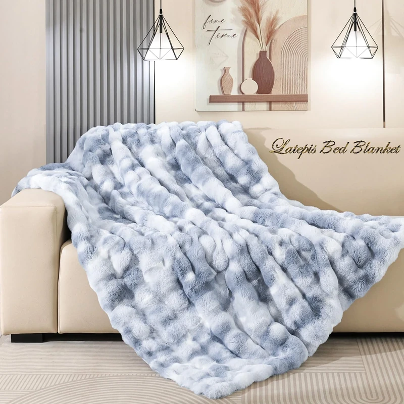 Latepis Faux Fur Fluffy Blanket for Couch, Super Soft Luxury Faux Fur Bubble Plush Thick Warm Cozy Fuzzy Twin Blanket for All Seasons, 60” x 80”, Tie-dye Blue, 860GSM