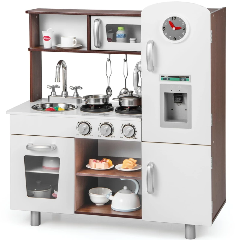 GYMAX Wooden Play Kitchen - Kids Toy Kitchen with Microwave, Fridge, Water Dispenser, Telephone, Oven, Cookware, Clock & Stove Pretend Playset for 3 Year Old + (White + Brown)