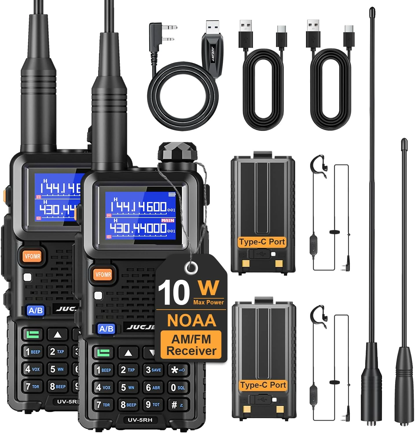 JUCJET UV-5RH Multi-Band Long Range Radios (Upgrade of UV-5R,2 piece),NOAA Weather Receiver, High Power Handheld Walkie Talkie, One Key Frequency Match,999CH, Type-c Rechargeable Walkie Talkies