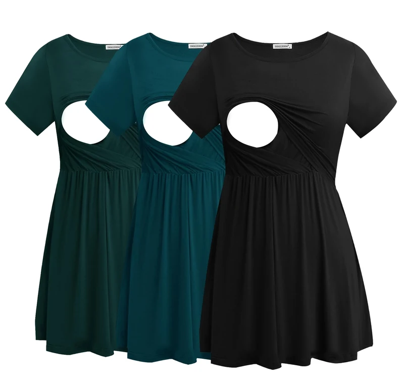 Smallshow Women's Maternity Nursing Tops Short Sleeve Breastfeeding Clothes 3 Pack,Black-Deep Green-Teal,L