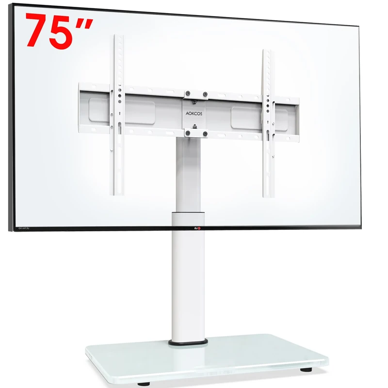 AOKCOS Table Top TV Stand for 32-75 inch TVs up to 45kg,Height Adjustable 900mm & Tiltable,with toughened Glass Base & Cable Management,Max VESA 600x400mm