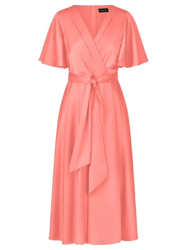 APART Fashion Women's Apart Midi-satinkleid Us Mattschimmerndem Satin Dress, Coral, 16
