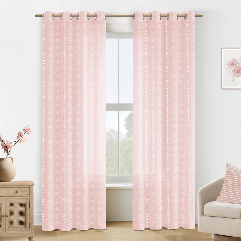 Pink Curtains 2 Panels,Sheer Floral Linen Boho Blush Curtains for Bedroom Living Room 84 Inches Long