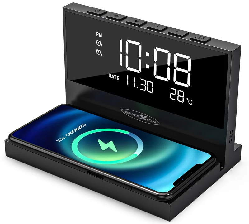 Reflexion ACW2188 Wireless Charger, Smartphone Charging Station, Alarm Clock with Wireless Charger, Large Display for Time, Date and Temperature, 2 Alarm Times, Night Light, USB Charging Function