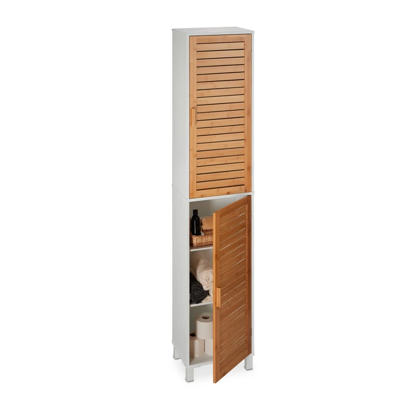 Relaxdays Bathroom Cabinet, HWD: 190x40x30 cm, 6 Compartments, MDF & Bamboo, Tall & Narrow Shelving Unit, White/Natural