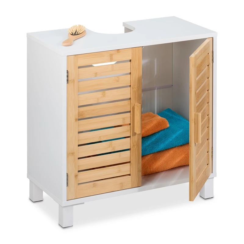 Relaxdays Sink Cabinet, 2 Doors, 60x60x32 cm, Bamboo & MDF, Bathroom Storage, Washbasin Cupboard, White/Natural, Fibreboard, Plastic