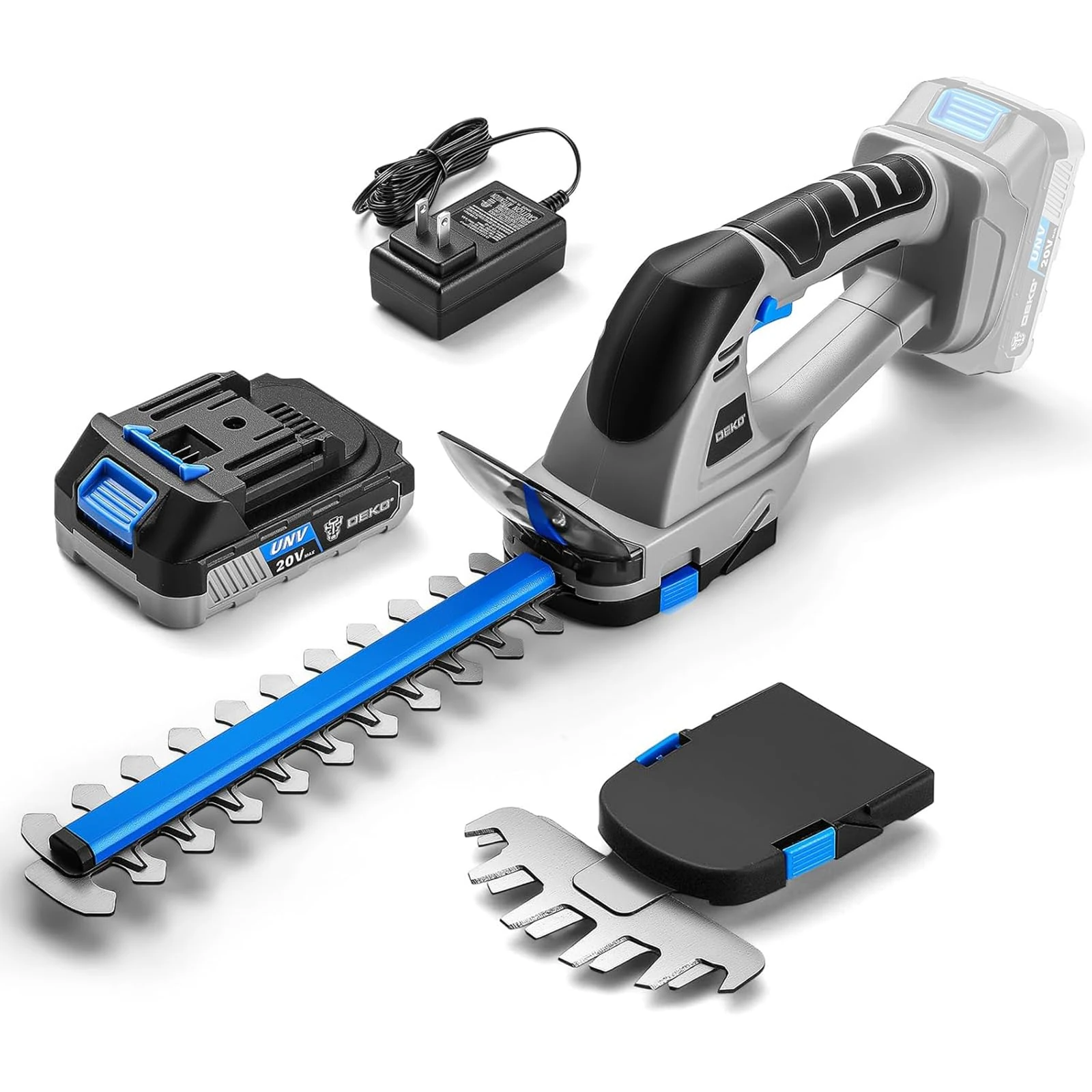 Hedge Trimmer Cordless: DEKOPRO 20V Grass Trimmer，2 in 1 Handheld Electric Bush Trimmer with 2000mAh Battery & Charger，22.8cm Cutting Length for Yard Maintenance, Lawn Trimming & Garden Pruning