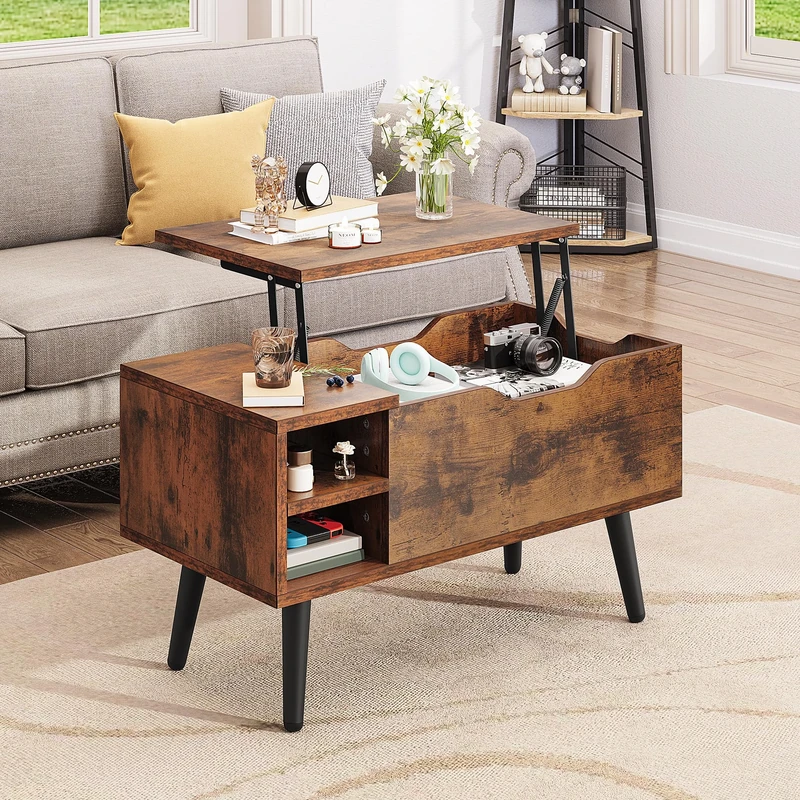 YITAHOME Lift Top Coffee Table with Hidden Compartment, Adjustable Storage Shelf, Spring Lifter, Coffee Table with Storage for Living Room, 80x40x61.5cm, Rustic Brown