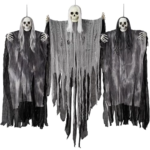 JOYIN 3 Pack Hanging Skeleton Ghosts Decorations, Grim Reapers for Haunted House, Halloween Party Supplies