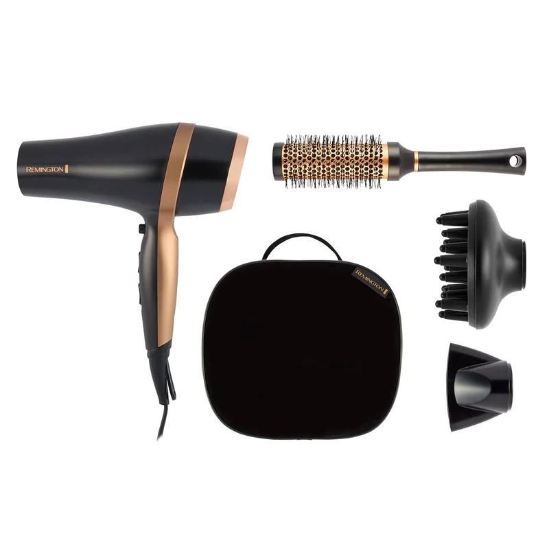 Remington Hair Dryer (Gift Set with Concentrator & Diffuser, Ceramic Ionic Grille, 3 Heat & 2 Speed Settings and Cool Shot, Premium Storage Bag, Round Brush, 2000W) Salon Smooth D6960GP