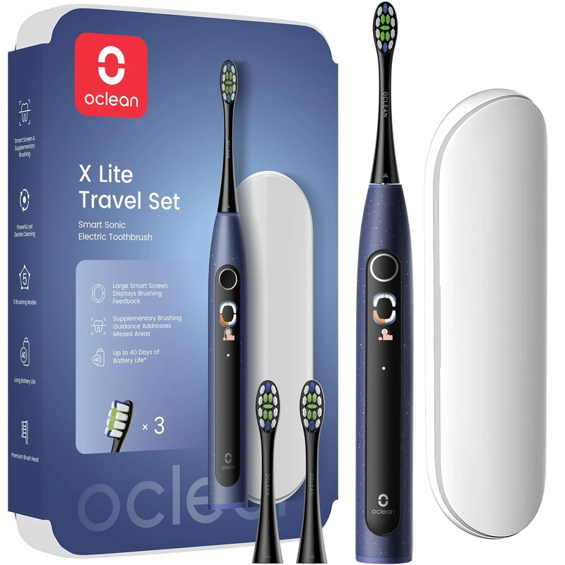 Oclean X Lite Smart Sonic Electric Toothbrush Set, Large Smart Screen, 8 Areas Tracking, 5 Modes, 2 Replacement Heads & Travel Case, IPX7 Waterproof, USB C Rechargeable(Blue)