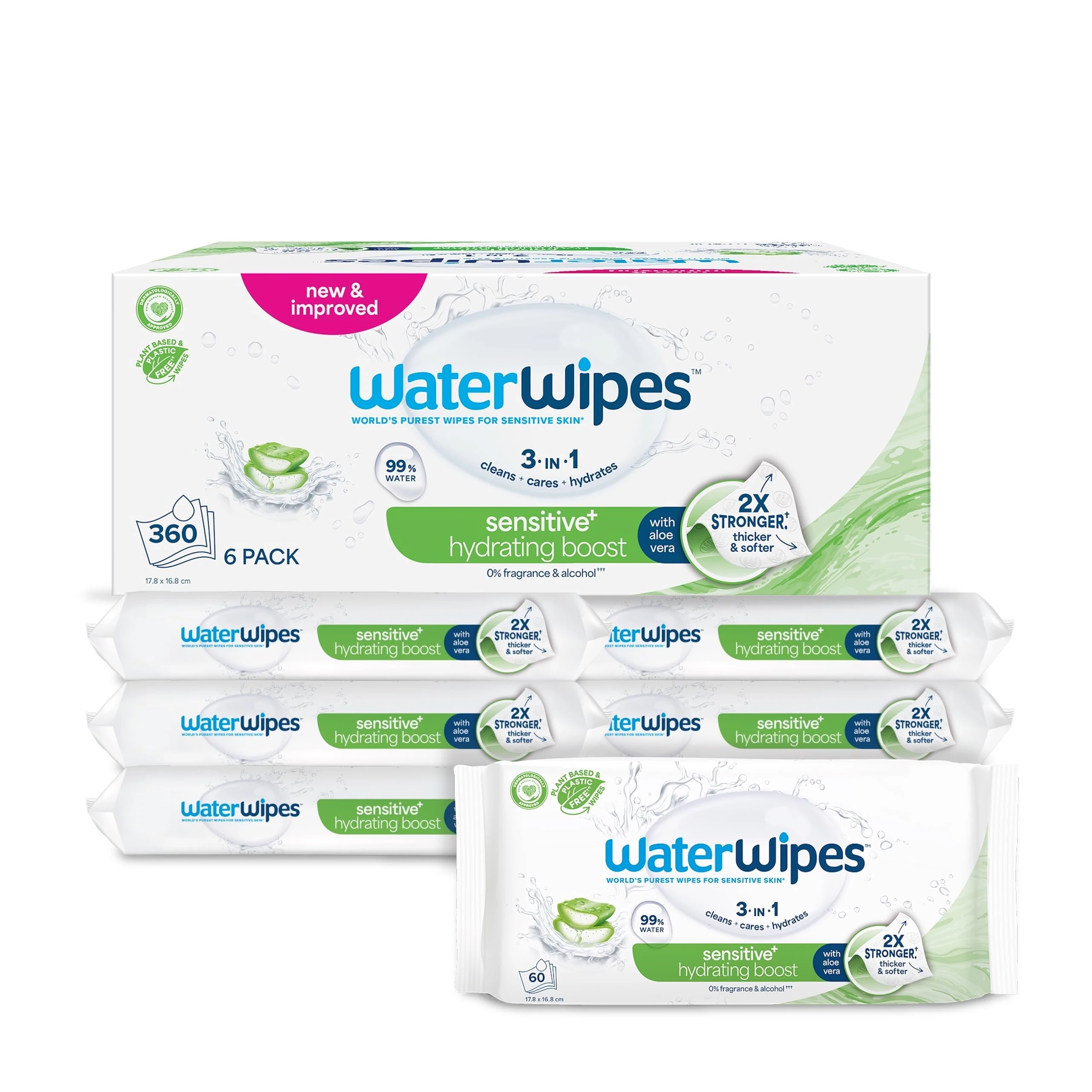 WaterWipes Sensitive+ Hydrating Boost Wipes, 360 Count (6 Packs), 3-In-1 Cleans, Cares, Hydrates, 99% Water with Aloe Vera, Unscented Baby Wipes